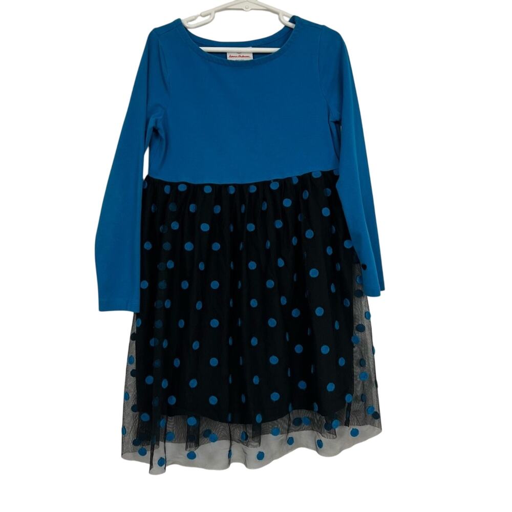 Hanna Andersson Blue Black Polka Dot Girls Dress 6/7 Long Sleeve